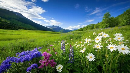 Fototapeta premium A meadow filled with colorful wildflowers in full bloom, surrounded by lush green grass and gentle hills.