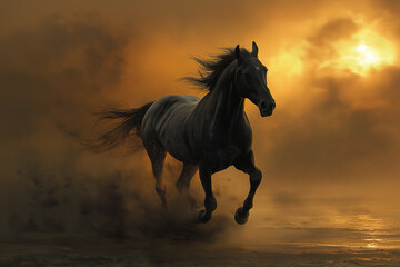 Black Horse Running on Beach at Sunset with Dramatic Sky
