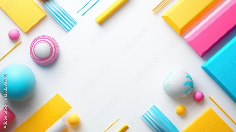 Poster a plain white background with a creative arrangement of colorful objects displayed in geometric patt