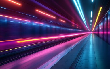 Obraz premium Neon lights streak through a futuristic tunnel.
