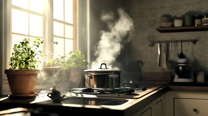 Steaming saucepan in the kitchen