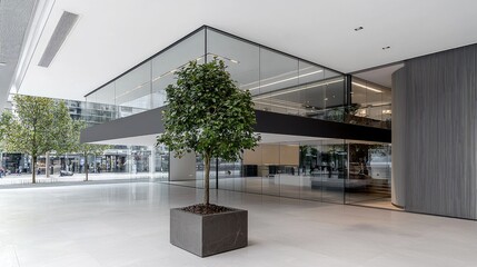 Modern office building courtyard with tree