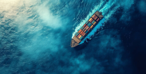 A large cargo ship sails on the sea