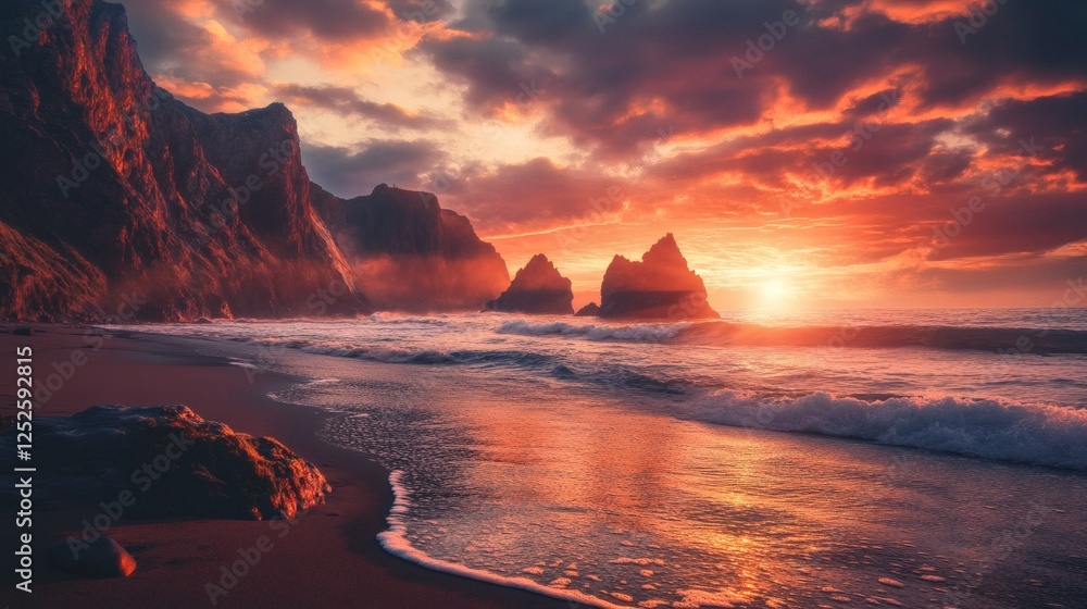 Poster wild and rugged rocky beach at sunset with waves breaking against sharp cliffs the sky is a brillian