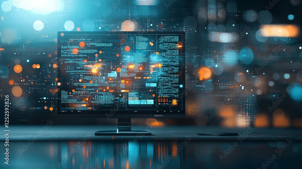 Poster innovative technology action modern office digital development urban environment close-up view data 