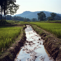 Paddy field with water glistening in the sun, bordered by lush greenery, capturing the beauty of rural landscapes.