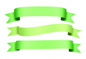 Three Blank Green Ribbons Isolated on PNG/White Background. This image features three vibrant light green ribbons each with a slightly curved flowing design and a pointed end