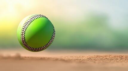 A softball in motion as its pitched, captured mid-air with a blurred background of a dirt field.