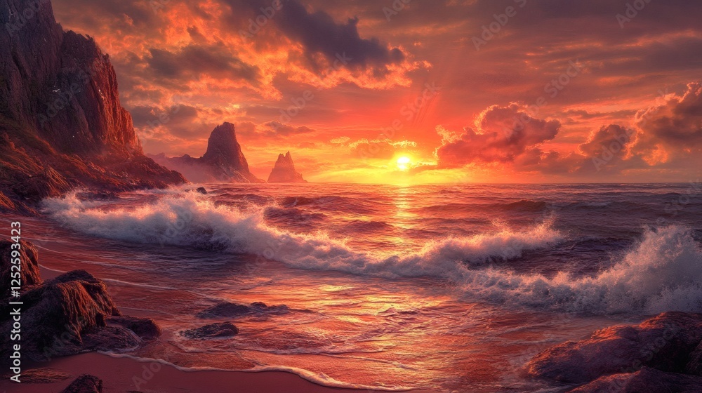 Poster wild and rugged rocky beach at sunset with waves breaking against sharp cliffs the sky is a brillian