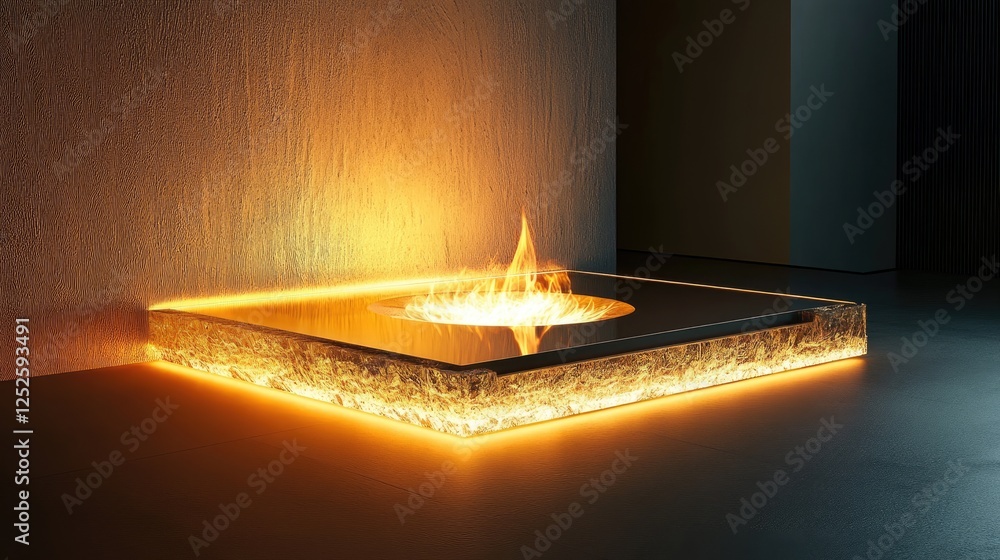 Poster a luminous glass platform with an internal fire, casting flickering light and creating a captivating