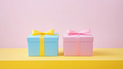 Obraz premium yellow ribbon pink and blue gift box isolated on white background