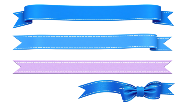 Elegant Blue and Lavender Ribbons and Bows Set. A set of decorative ribbons and a bow in blue and lavender colors ideal for graphic design projects/invitations or gift wrapping