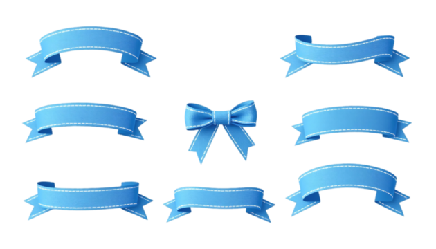 Set of Realistic Blue Ribbons and Bows for Design Elements. A collection of decorative blue ribbons and a bow with stitched detailing