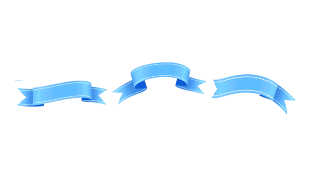 Set of Light Blue Ribbons with Stitching for Design. Collection of light blue ribbons with a stitched edge in various curves and positions set against a plain PNG/Transparent background