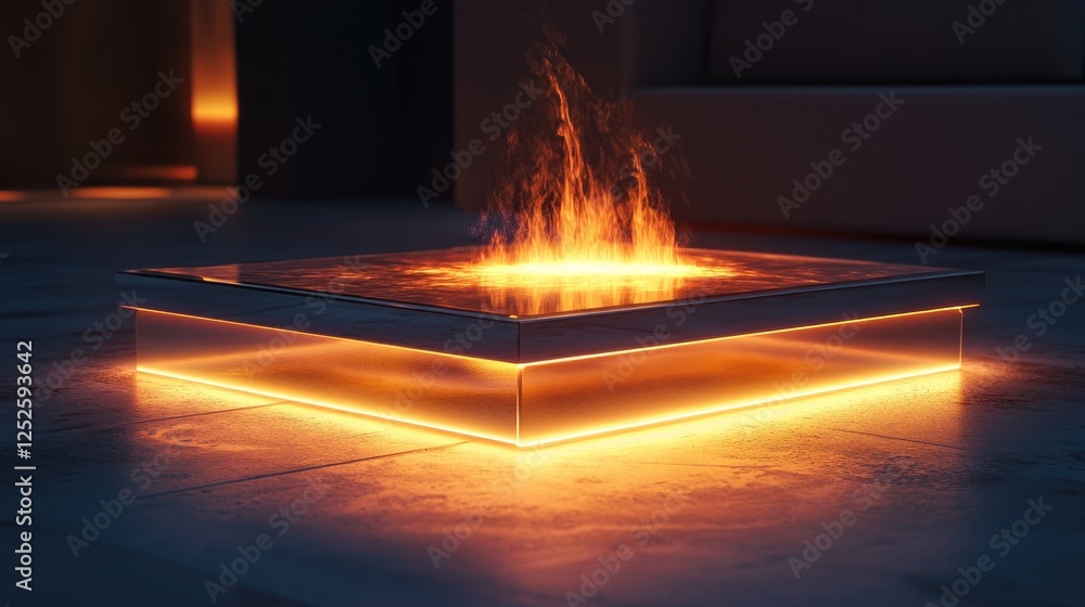 Poster a luminous glass platform with an internal fire, casting flickering light and creating a captivating