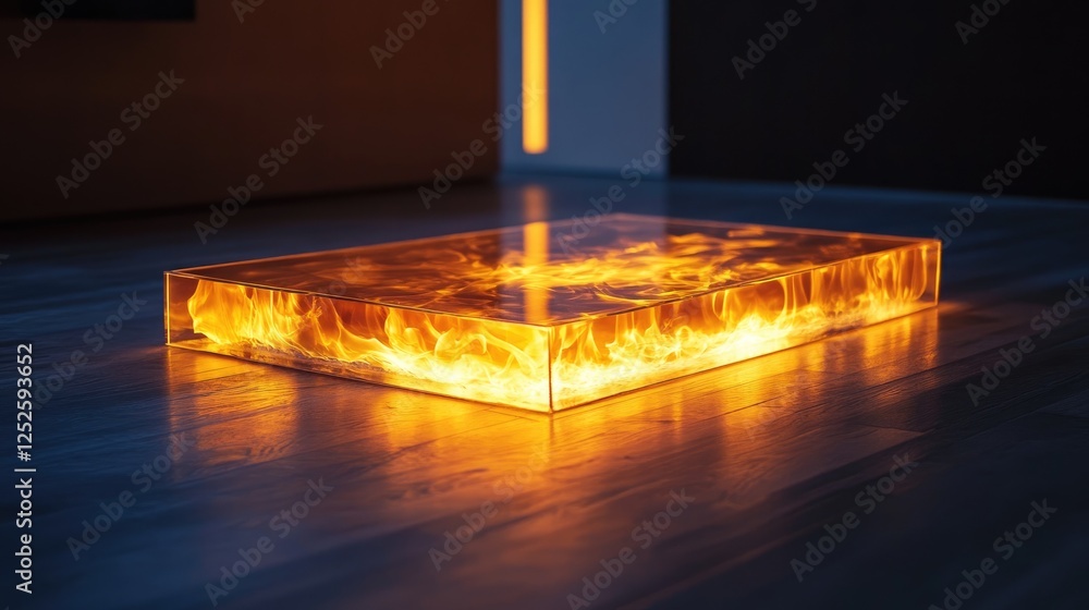 Poster A luminous glass platform with an internal fire, casting flickering light and creating a captivating and modern aesthetic with vibrant illumination