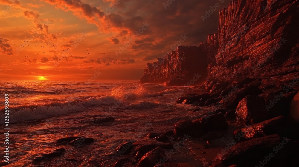 Poster wild and rugged rocky beach at sunset with waves breaking against sharp cliffs the sky is a brillian