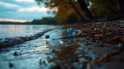 Fototapeta premium A bottle of water is laying on the beach