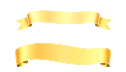 Two gold ribbons on white background for design elements. This image features two elegant gold satin ribbons on a plain PNG/Transparent background