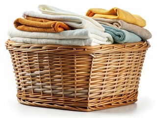 Obraz premium Wicker Laundry Basket with Fluffy Towels Isolated on White