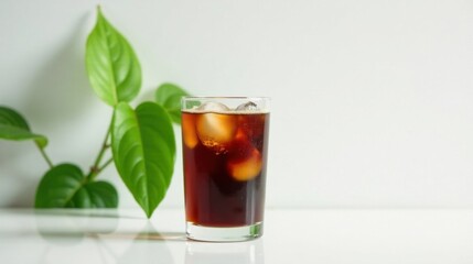 Refreshing Iced Coffee Drink in a Glass with Lush Greenery