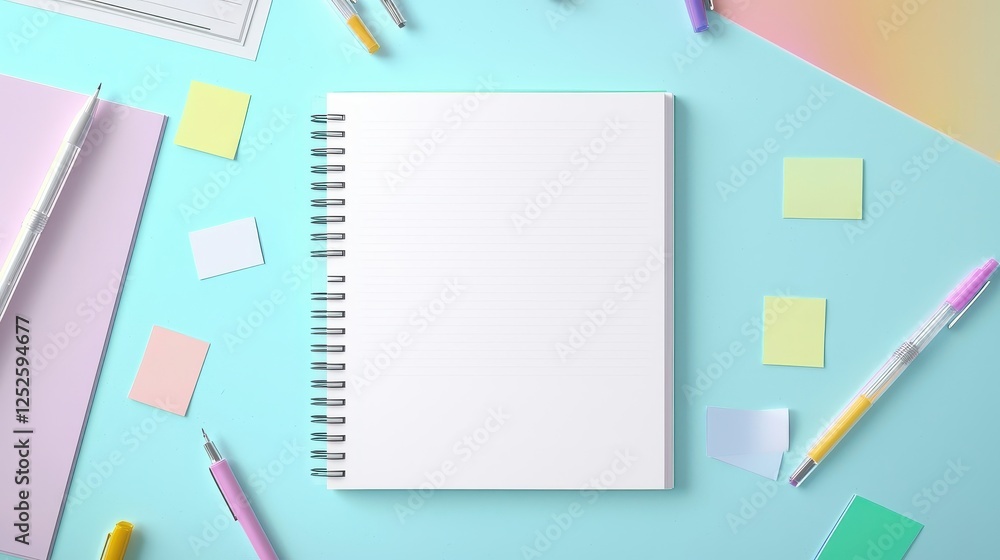 Poster blank notebook open on a desk surrounded by sticky notes and pens, ready for learning.