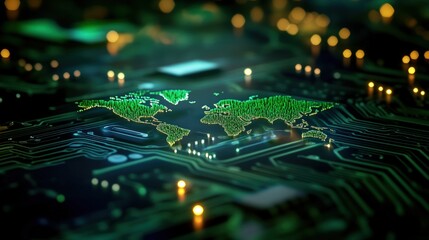 Obraz premium Green world map on circuit board, glowing, tech background, global network