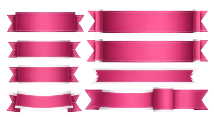 Set of Nine Pink Ribbons with White Stitching for Design Elements. A collection of nine different pink ribbon design elements ideal for graphic design projects