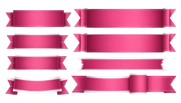 Set of Nine Pink Ribbons with White Stitching for Design Elements. A collection of nine different pink ribbon design elements ideal for graphic design projects