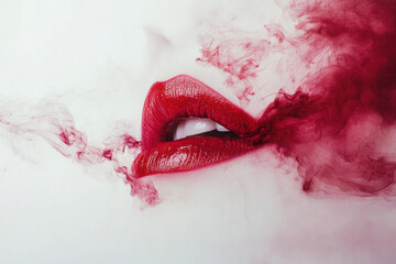 Bright scarlet lips exhaling a faint breath of vapor, creating a wispy highlight in the clean white space