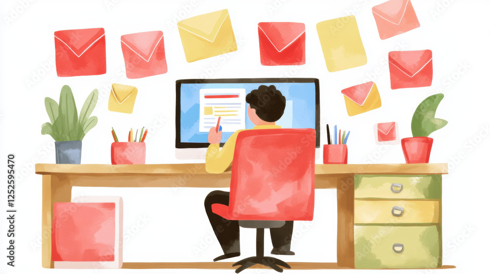 Poster a person working at a colorful desk with a computer and decorations includes potted plants and envel