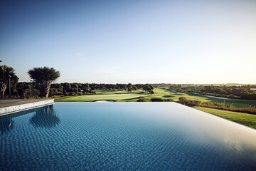 Fototapeta premium Golden-hour golf paradise overlooking a lush fairway and modern clubhouse, complete with an infinity pool for a luxurious and serene retreat