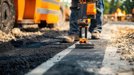 A detailed view of a construction worker using a laser level to ensure the accuracy of concrete pouring for a bridge deck, Bridge deck construction scene, Concrete leveling style