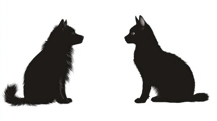 Fototapeta premium Silhouette of a Dog and a Cat, Facing Each Other, in Black and White