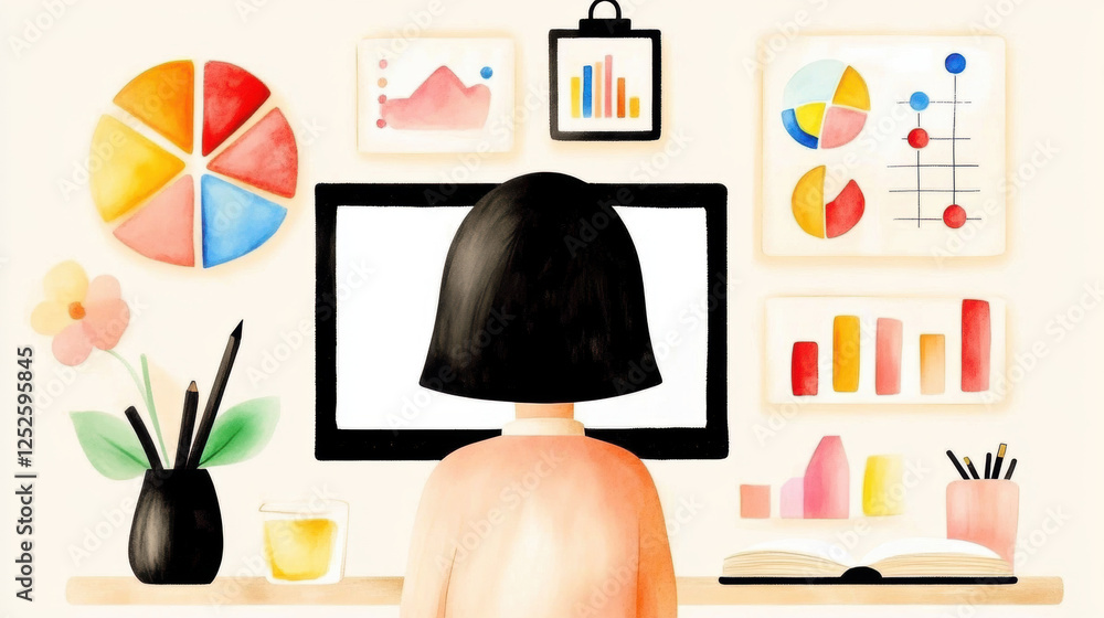 Aufkleber a person sitting at a desk with a computer, surrounded by colorful charts and graphs in a bright wor