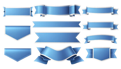 Fototapeta premium Collection of Realistic Blue Ribbons and Banners. A set of various blue ribbon and banner designs with a realistic 3D effect