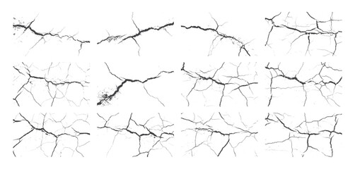 Set of sketch crack texture. Ground cracks, breaks on land surface from earthquake. old wall background crack vector. Crack collection on isolated background.	