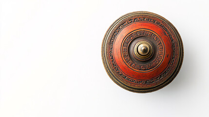 circular intricate asian wooden box lid with red and gold design on white background