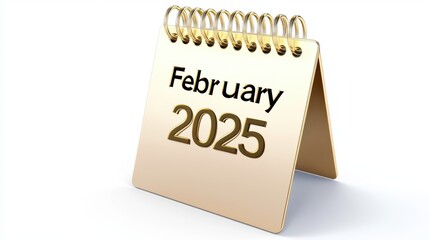 a sleek metallic Calendar "February 2025" icon with a golden, minimalistic design, isolated on a clean white background