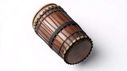 close up of a brown wooden drum with black leather straps isolated on a white background