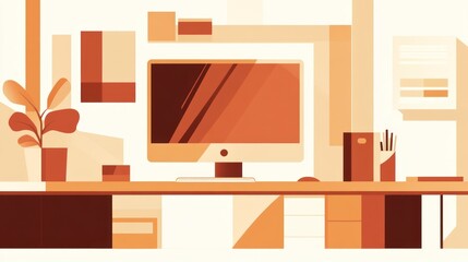 Modern Workspace with Computer, Minimalist Design