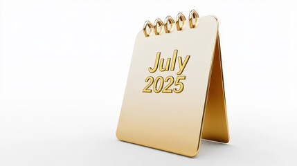 a sleek metallic Calendar "July 2025" icon with a golden, minimalistic design, isolated on a clean white background