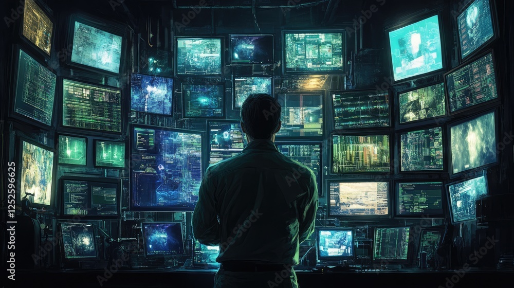 Poster a man in a dark room observing many screens, showcasing a tech-heavy setting, with his eyes focused 
