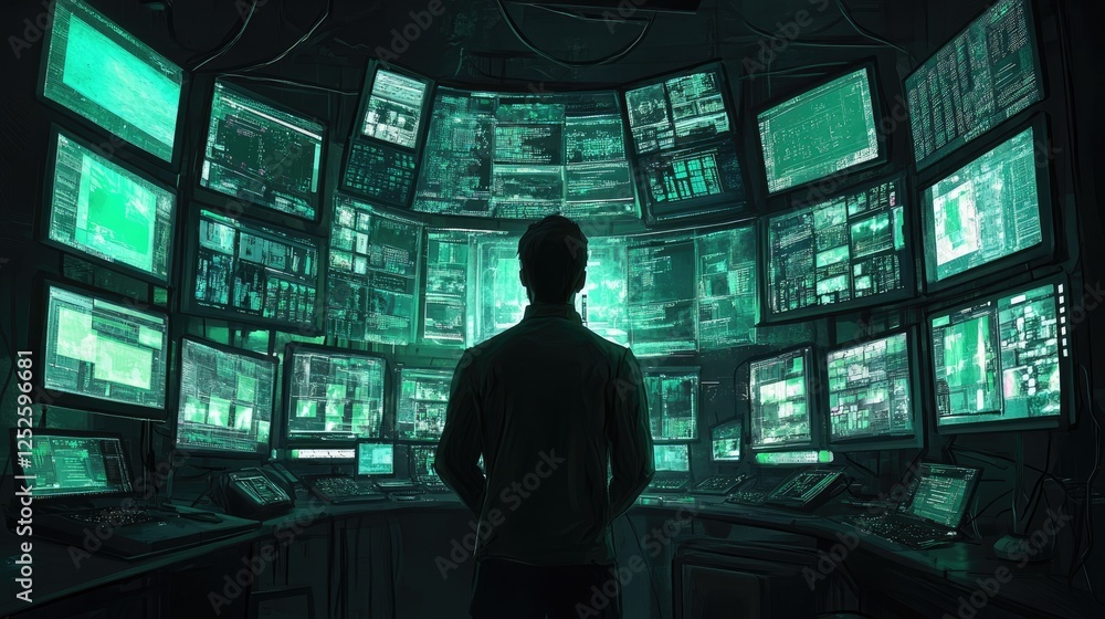 Aufkleber a man in a dark room observing many screens, showcasing a tech-heavy setting, with his eyes focused 