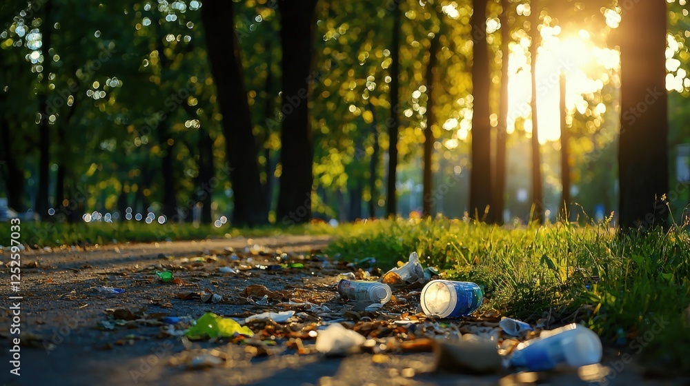 Poster a park with trash on the ground and trees in the background