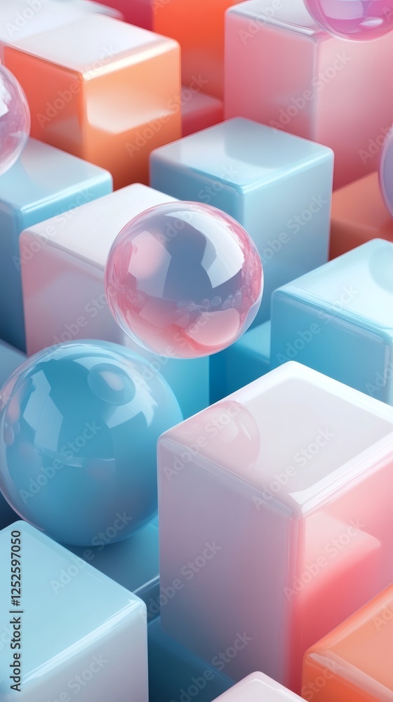 Poster abstract 3d background featuring floating spheres cubes with smooth surfaces arranged in a pattern o