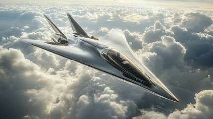 Silver jet zooming across a cloudy sky, evoking high-speed adventure and the freedom of flight.