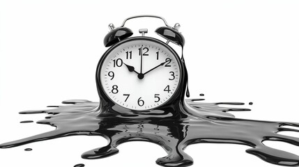 The Surreal Collapse of Time: A Black Alarm Clock Melting into a Glossy Abyss of Liquid Darkness