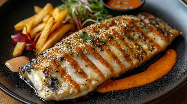 Tasty dory creamy steak with dory fish meat bread crumbs french Fries Mix