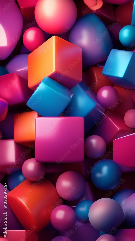 Poster abstract 3d background featuring floating spheres cubes with smooth surfaces arranged in a pattern o